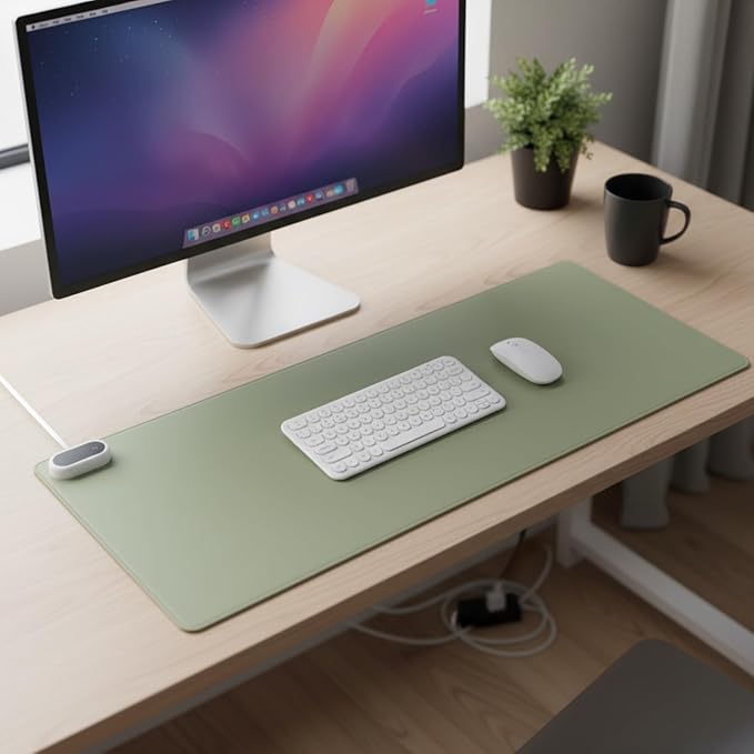 Konohan Heated Large Desk Mat PU Leather Warm Mouse Pad with 5 Heating Level & 4 Hour Auto Shut-Off Heating Keyboard Pad Warmer Gaming Mice Mat Only Supports 110v(Gray-Green Color,35.4"x 14.2")