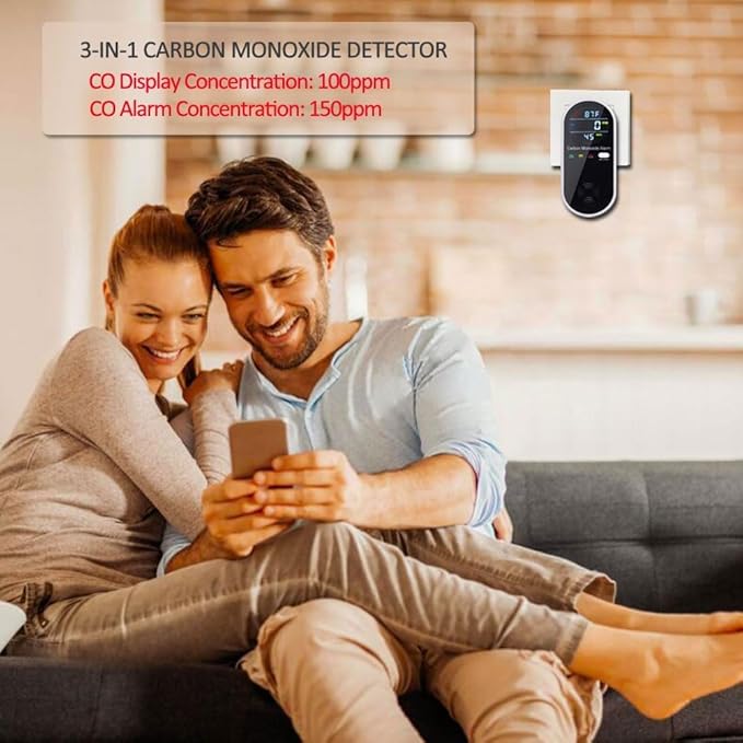 Carbon Monoxide Detector Plug in Wall, WESHLGD Portable Carbon Monoxide Detector for Travel, 3-in-1 CO Detector for Home and Travel Camping(CO Gas Meter Temperature Humidity Sensor), KH106, Black