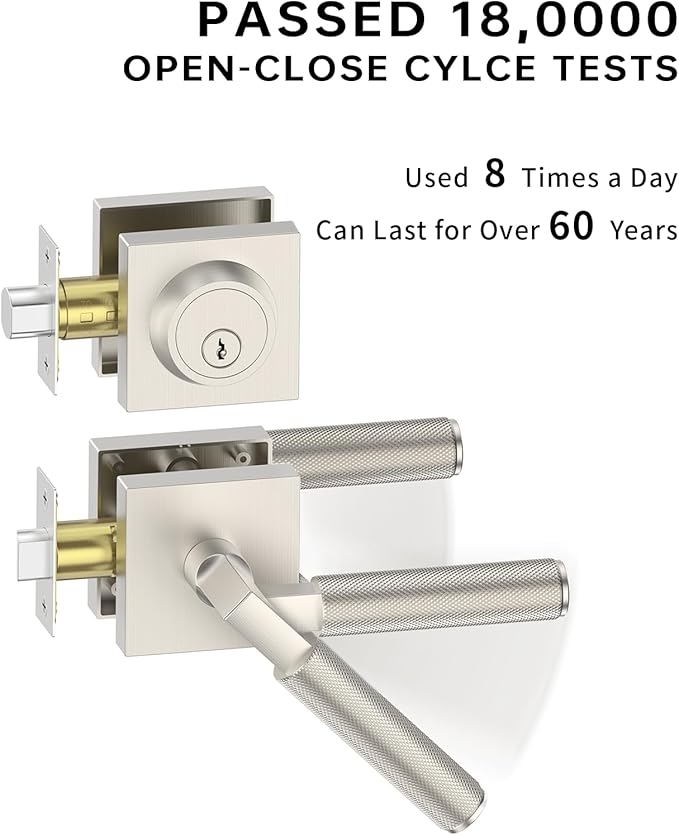 Asidrama Premium Brushed Satin Nickel Zinc-Alloy Front Door Lock Set: Double Cylinder Deadbolt, Heavy Duty Security Handleset for Left/Right Exterior Doors, Universal Entry Locks (2 Pack)