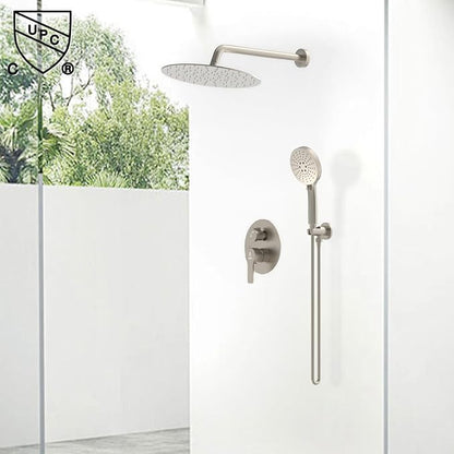 Shower Faucet Set 12IN Brass Rough-In Valve Body Trim Kit Rainfall Included Handle Accessories Complete 2 Functions with Rain Head and Handheld Bathroom Systems (12'', Brushed Nickel)