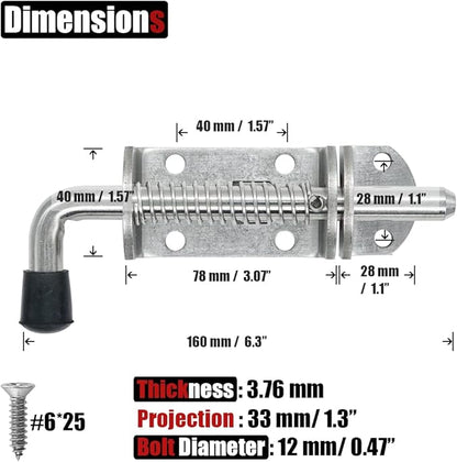 JQK Spring Loaded Barrel Bolt Latch, Heavy Duty 304 Stainless Steel Thickened 3mm Door Lock, 6.3 Inch Brushed Finished, HSB410-P2