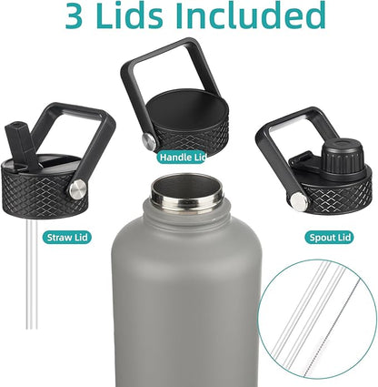 Half Gallon Insulated Water Bottle with Straw,64 oz 3 Lids Water Jug with Carrying Bag,Paracord Handle,Double Wall Vacuum Stainless Steel Metal Flask,Gray
