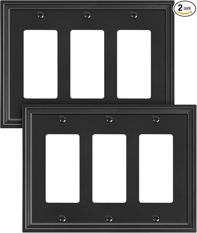 2-Pack Triple Decorator Outlet Cover Plate, Black Decorative Switch Plates and Outlet Covers, Natural Bamboo Fiber Wall Plates for Electrical Outlets, Receptacle, GFCI Outlet, Dimmer Switch