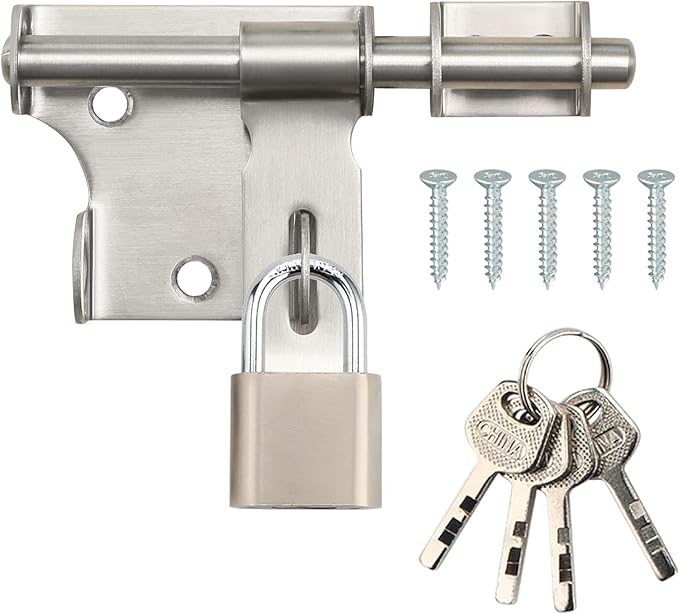 Alise 4 Inch Slide Bolt Gate Latch, Door Lock with Padlock Set, Heavy Duty Stainless Steel Barrel Bolts Safety Door Lock for Wooden Fence, Outdoor Fence,Shed Door Brushed Finish