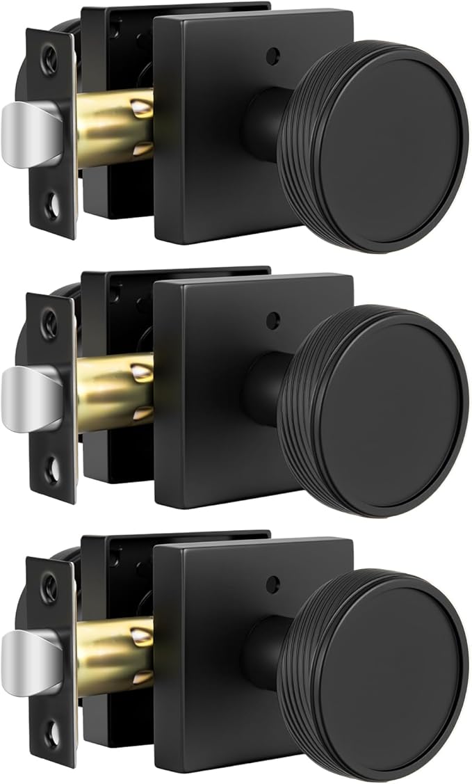 goldenwarm Interior Door Knobs Black, Zinc-Alloy Modern Matte Black Door Knob Privacy Door Knobs Interior for Bedroom Bathroom, Heavy Duty Square Modern Doorknobs - 3 Pack
