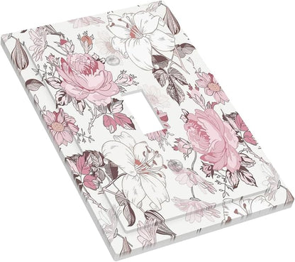 Decorative Light Switch Cover Modern Watercolor Flower Pink White Wildflower 1 Gang Single Toggle Decorator Outlet Wall Plate Device Electrical Faceplate Switchplates for Bedroom Home Decor