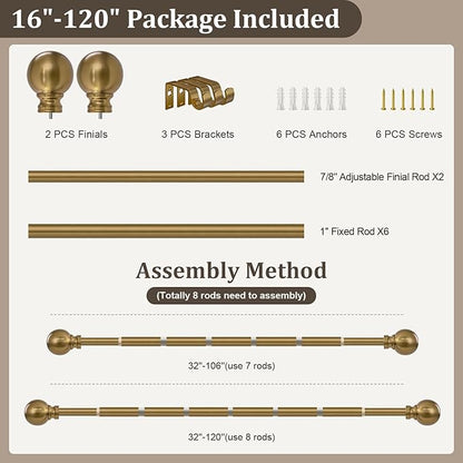 Warm Gold Long Curtain Rods for Windows 66 to 120 Inch 1" Diameter Adjustable Heavy Duty Brass Window Curtain Rod with Metal Finials for Living Room Bedroom Farmhouse Kitchen Outdoor