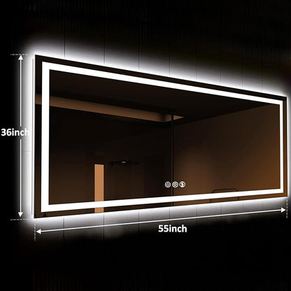 ROOMTEC 55 x 36 Inches LED Bathroom Mirror with Front and Backlit,Anti-Fog,3 Colors and Dimmable Light(Horizontal/Vertical), Silver