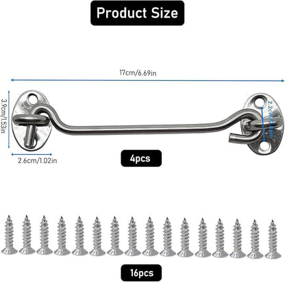 4-Pack 6Inch Door Lock Gate Latch Premium Stainless Steel Hook and Eye Gate Latch Cabin Hook with 16pcs Screws, Silver