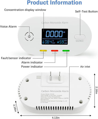 Carbon Monoxide Detectors,Plug in Carbon Monoxide Detector with CO Alarm Monitor Temperature Humidity Sensor,3-in-1 CO Detector with LCD Display for Home/Kitchen/Hotel/Bedroom (White)