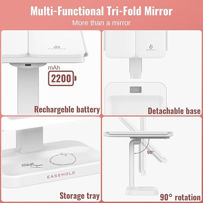 EASEHOLD Vanity Mirror with Lights, 2X 3X Magnification, Trifold, Rechargable, Touch Control - Gifts for Girls & Women