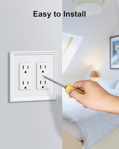 2-Pack Double Decorator Outlet Cover Plate, White Decorative Switch Plates and Outlet Covers, Natural Bamboo Fiber Wall Plates for Electrical Outlets, Receptacle, GFCI Outlet, Dimmer Switch