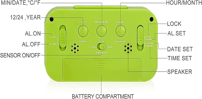 Digital Alarm Clock with LCD Display, Desk Smart Electronic Small Clock with Indoor Temperature, Date, Light Sensor, Backlight, Battery Operated, for Home Bedroom Kids Office (Green)