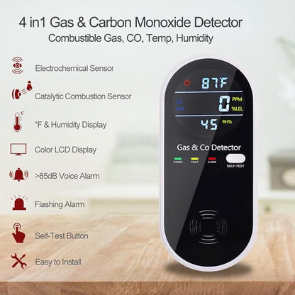 Carbon Monoxide and Gas Detectors, Plug in Carbon Monoxide Detector & Natural Gas Combination Detectors with Clear LCD Display, 4-in-1 CO & Gas Detector with Temperature and Humidity Display