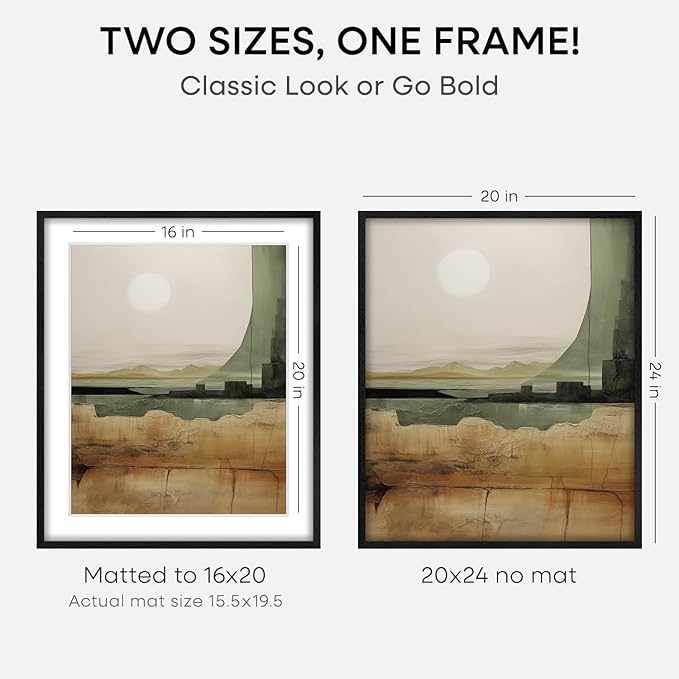 Homeforia Black Wood Frame 20x24, High End Oak 20x24 Wooden Picture Frames with Mat 16x20 Photo, 20 x 24 Poster Frame Matted to 16 by 20 Print, 24x20 Hanging Frames, Tempered Glass, Wall Kit, Set of 2