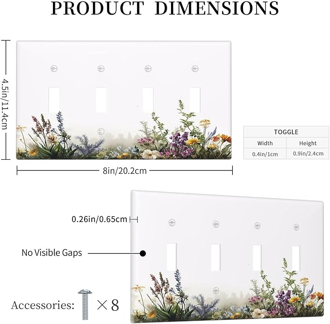 Light Switch Cover Plate White Background Colorful Flowers Plants Green Leaves 4 Gang Quad Toggle Wall Plate Electrical Outlet Cover Decorative Switch Plate Covers for Bedroom Home Decor