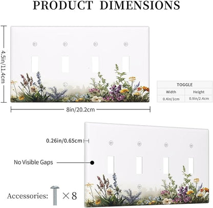 Light Switch Cover Plate White Background Colorful Flowers Plants Green Leaves 4 Gang Quad Toggle Wall Plate Electrical Outlet Cover Decorative Switch Plate Covers for Bedroom Home Decor
