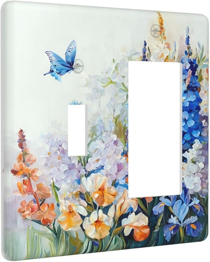 Decorative Outlet Covers Rustic Colorful Floral Garden Flowers 2 Gang Wall Plate Single Toggle 1 Rocker Light Switch Cover Switch Plate Covers Faceplate for Country Bedroom Home Decor