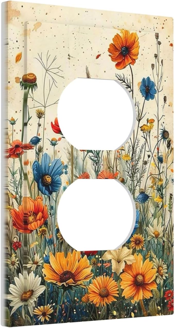 Outlet Covers Colorful Flowers Wildflowers Plants Orange Yellow Blue 1 Gang Duplex Light Switch Cover Plate Decorative Switch Plate Covers Electrical Socket Cover for Home Farmhouse Decor