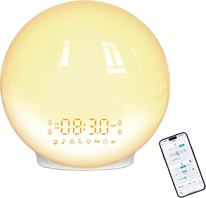 Smart APP Sunrise Alarm Clock with 4 Alarms & Natural Sounds for Heavy Sleepers, App No Signup, Wake Up Light, 11 Night Ligh, Sleep Aid 7 White Noise Machines & FM, Wireless Speaker (White, 1PCS)