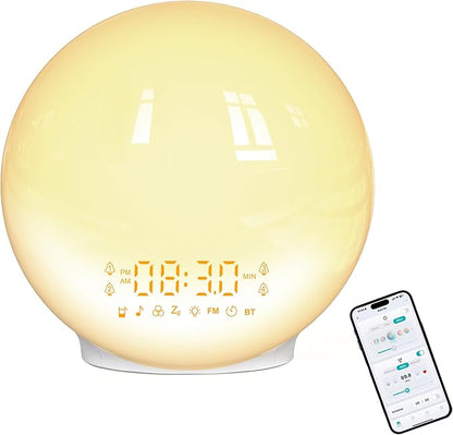 Smart APP Sunrise Alarm Clock with 4 Alarms & Natural Sounds for Heavy Sleepers, App No Signup, Wake Up Light, 11 Night Ligh, Sleep Aid 7 White Noise Machines & FM, Wireless Speaker (White, 1PCS)