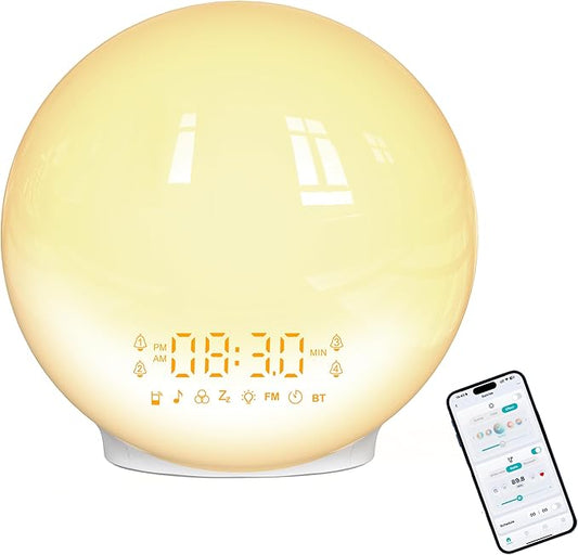 Smart APP Sunrise Alarm Clock with 4 Alarms & Natural Sounds for Heavy Sleepers, App No Signup, Wake Up Light, 11 Night Ligh, Sleep Aid 7 White Noise Machines & FM, Wireless Speaker (White, 1PCS)
