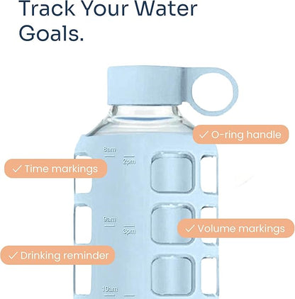 purifyou 40oz / 32oz / 22oz / 12oz Borosilicate Glass Water Bottle with Time & Volume Markers, Silicone Sleeve, Stainless Steel Lid | Reusable Glass Bottle for Water & Juice (40oz Ice Blue)