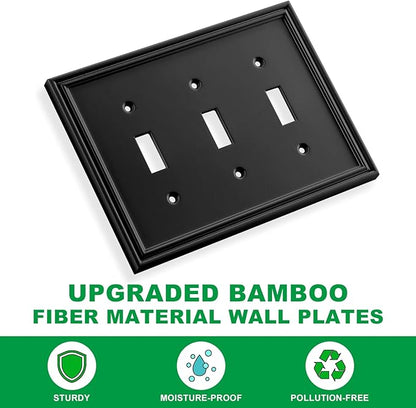 Black Modern Decorative Wall Plate Light Switch Cover Decorator Outlet Covers Rocker Switch Plates Bamboo Fiber Material Wall Plates for Kitchen Bathroom (3 Gang Triple Toggle-1 Pack)