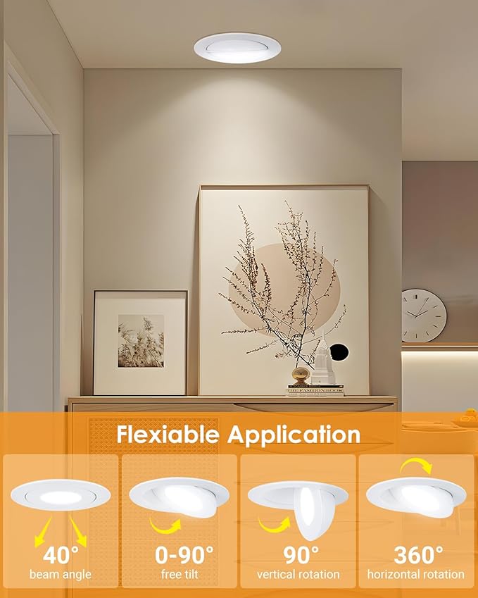 Gold Recessed Lighting Fixtures 3inch - 7W Canless CCT Selectable Gimbal Ceiling LED Recessed Lights,Dimmable Indoor Swivel Downlight for Accent Lighting,360° Adjustable 90° Tilt Spotlights 6Pack Gold