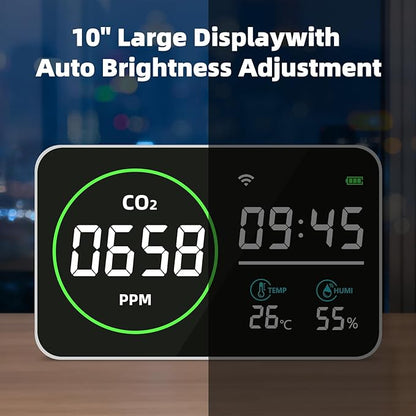 WiFi CO2 Detector, 9 Inch CO2 Monitor for CO2 Temp Humidity, Extra Large Display Digital Clocks, Air Quality Monitor for Indoor/Outdoor with Alerts, CO2 Infrared Sensor, Optical Sensor