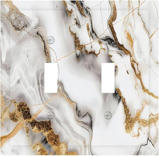 Luxurious Marble Abstract White Gold Tile Modern Simplicity Decorative Switch Plates 2 Gang Double Toggle Outlet Light Switch Cover Wall Plate Electrical Faceplate for Bathroom Kitchen Decor