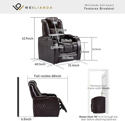 Weilianda Home Theater Seating Top Grain Leather Zero Gravity Recliner Chair Power Headrest Recline Movie Seat Gaming 7 Colors Mood Light Sofa with Tray Table USB Charge Row of 1 Brown