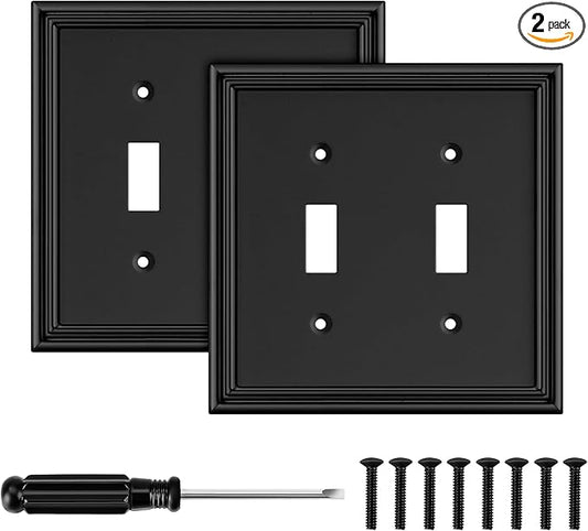 Black Modern Decorative Wall Plate Light Switch Cover Decorator Outlet Covers Rocker Switch Plates Bamboo Fiber Material Wall Plates for Kitchen Bathroom (2 Gang Double Toggle-2 Pack)