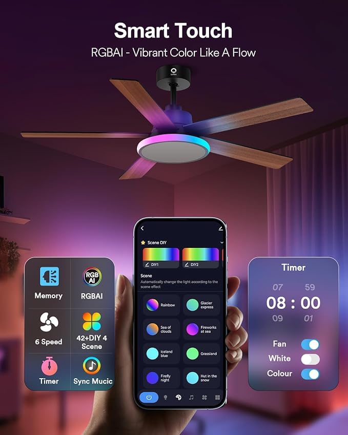 Lumary 52'' Smart Ceiling Fan with RGBAI Lights Remote, WiFi Bluetooth Low Profile Ceiling Fan with Alexa Google App, Dimmable & Color Tuning, 46 Scene, Modern Flush Mount for Bedroom Living Room