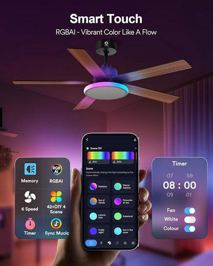 Lumary 52'' Smart Ceiling Fan with RGBAI Lights Remote, WiFi Bluetooth Low Profile Ceiling Fan with Alexa Google App, Dimmable & Color Tuning, 46 Scene, Modern Flush Mount for Bedroom Living Room