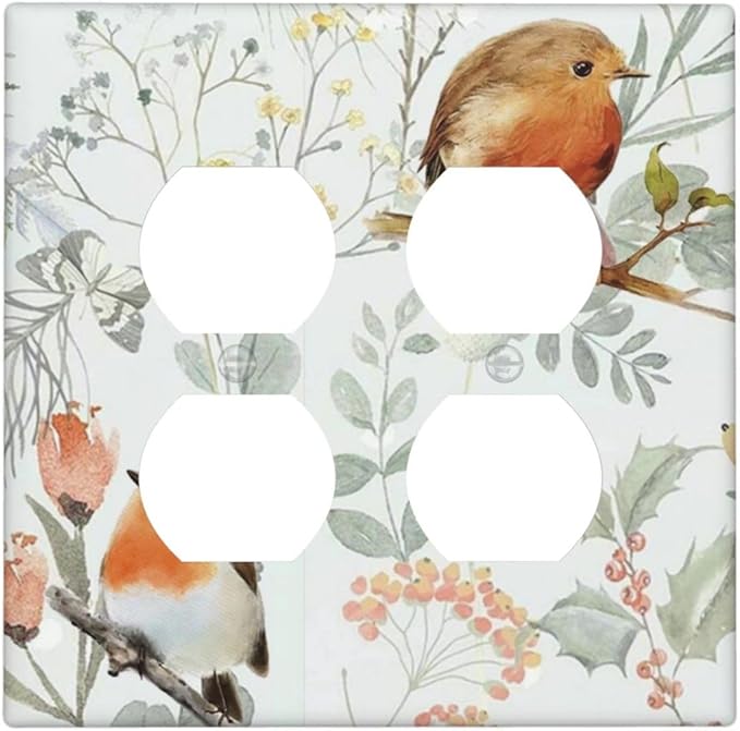 Outlet Covers Red Floral Berries Colorful Bird Plant 2 Gang Double Duplex Decorative Light Switch Covers Electrical Wallplates Socket Faceplate For Bed Room Living Room Decor