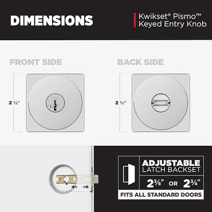 Kwikset Pismo Entry Door Knob with Lock and Key, Secure Keyed Handle Exterior, Front Entrance and Bedroom, Polished Chrome, 4 Pack, Pick Resistant SmartKey Rekey Security