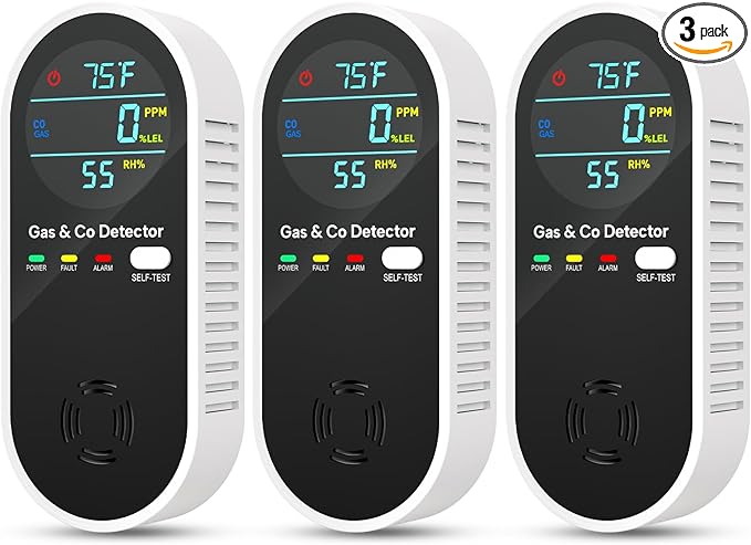 Upgraded Natural Gas Leak Detector & Carbon Monoxide Detectors - 4 in 1 Natural, Propane, Co & Gas Detector -Carbon Monoxide Detectors Plug in -Temperature & Humidity for Home, RV (3 Packs)