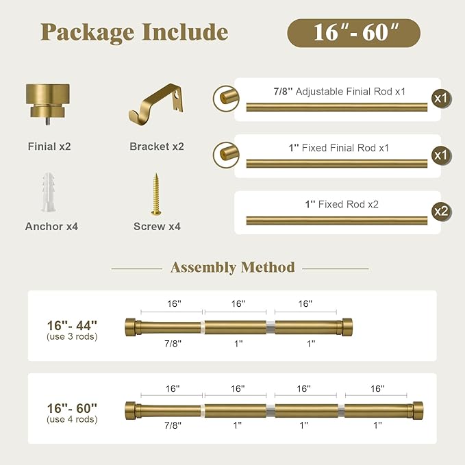 Oneach Heavy Duty Curtain Rods for Windows 28 to 48 Inch, 1 Inch Antique Gold Curtain Rod, Adjustable Length Rod with Metal Finials, Modern Decorative for Bedroom Kitchen Living Room (16 to 60 Inch)