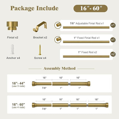 Oneach Heavy Duty Curtain Rods for Windows 28 to 48 Inch, 1 Inch Antique Gold Curtain Rod, Adjustable Length Rod with Metal Finials, Modern Decorative for Bedroom Kitchen Living Room (16 to 60 Inch)