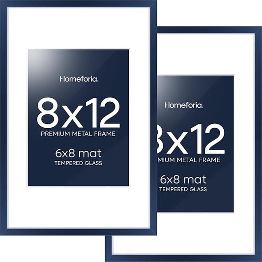 Homeforia 8x12 Picture Frame Navy Blue, High End Metal 8 x 12 Poster Frames with Mat 6 by 8 Photo, 12x8 Frame Matted to 6x8 inch Print, 8by12 Wall or Tabletop Frame, Tempered Glass, Wall Kit, Set of 2