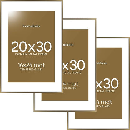 Homeforia 20x30 Picture Frame Bronze, High End Metal 20 x 30 Large Poster Frames with Mat 16 by 24 for Photo, 20x30 Brass Frame Matted to 16x24, 30x20 Hanging Frame, Tempered Glass, Wall Kit, Set of 3