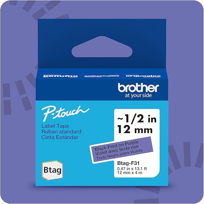 Brother Genuine P-Touch Btag BTAGF31 Black on Purple Label Tape ~1/2in by 13.1ft (12mm x 4m)