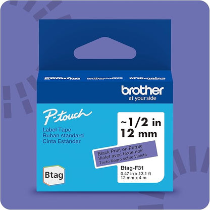 Brother Genuine P-Touch Btag BTAGF31 Black on Purple Label Tape ~1/2in by 13.1ft (12mm x 4m)