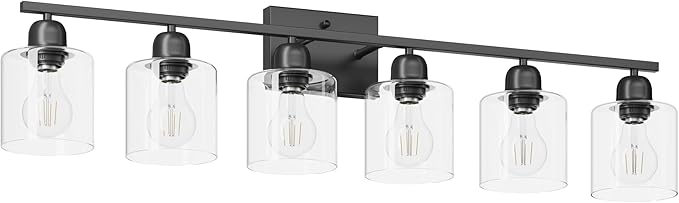 Bath Vanity Lights For Mirror, Restroom Lights Fixtures With Milky White Frosted Glass Shades,Bathroom Over Sink Light Fixtures, Bathroom Light Fixtures Over Mirror (Black with clear glass, 6-Light)