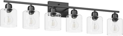 Bath Vanity Lights For Mirror, Restroom Lights Fixtures With Milky White Frosted Glass Shades,Bathroom Over Sink Light Fixtures, Bathroom Light Fixtures Over Mirror (Black with clear glass, 6-Light)