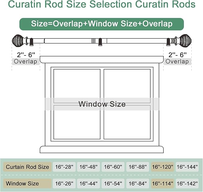Curtain Rods for Windows 16 to 120 Inches Adjustable Length 1 Inch Diameter Window Curtain Rod with Wood Grain Leaf Pattern Finials,for Heavy Duty Curtains Rods