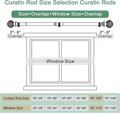 Curtain Rods for Windows 16 to 120 Inches Adjustable Length 1 Inch Diameter Window Curtain Rod with Wood Grain Leaf Pattern Finials,for Heavy Duty Curtains Rods