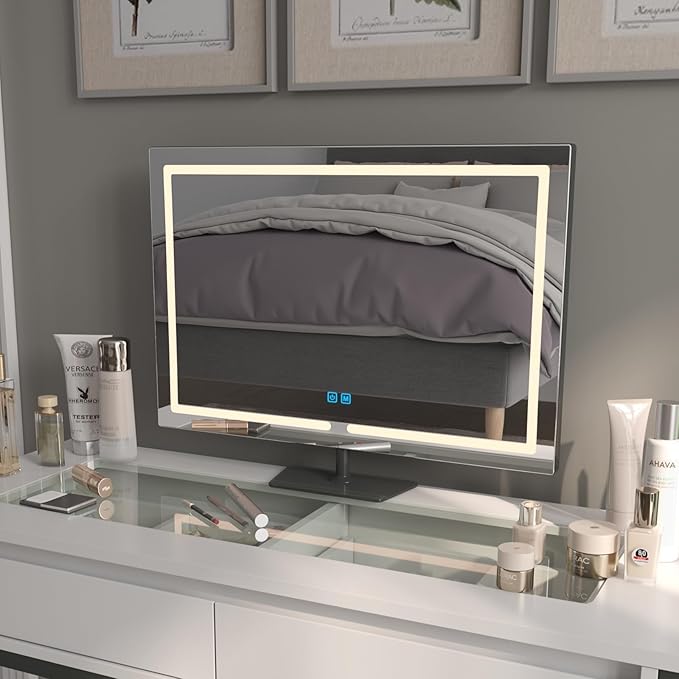 Vanity Mirror with Lights, 23.27 x 17.7 Inch LED Makeup Mirror, Lighted Makeup Mirror with Dimmable 3 Modes, Smart Touch Control, Aluminum Frame and Tempered Glass Base, Bronze
