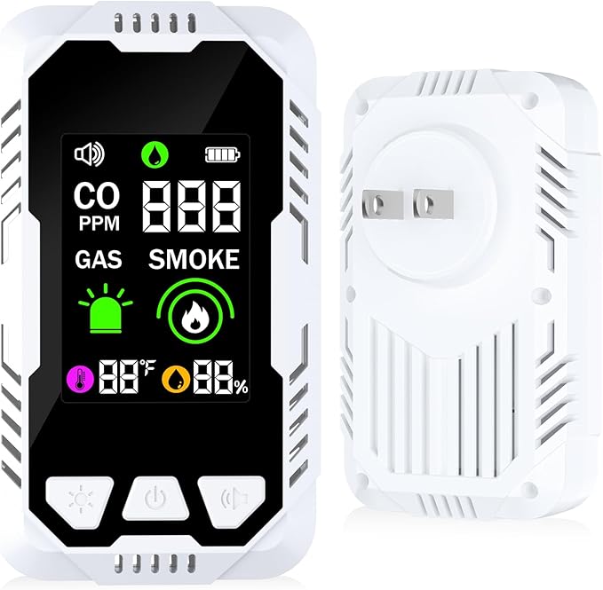 5-in-1 Carbon Monoxide Detector Combo with LCD Display, Detects CO, Natural Gas, Smoke, Temperature, Humidity for Home Hotel, Camping RV, Apartment Safety, Plug-in Monoxide Alarm HD Screen 1 Pack